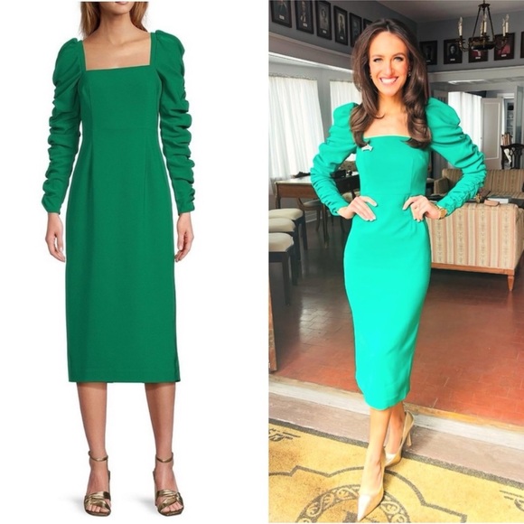 Antonio Melani Elena Crepe Square Neck Long Ruched Sleeve Midi Dress NWT - Picture 2 of 16